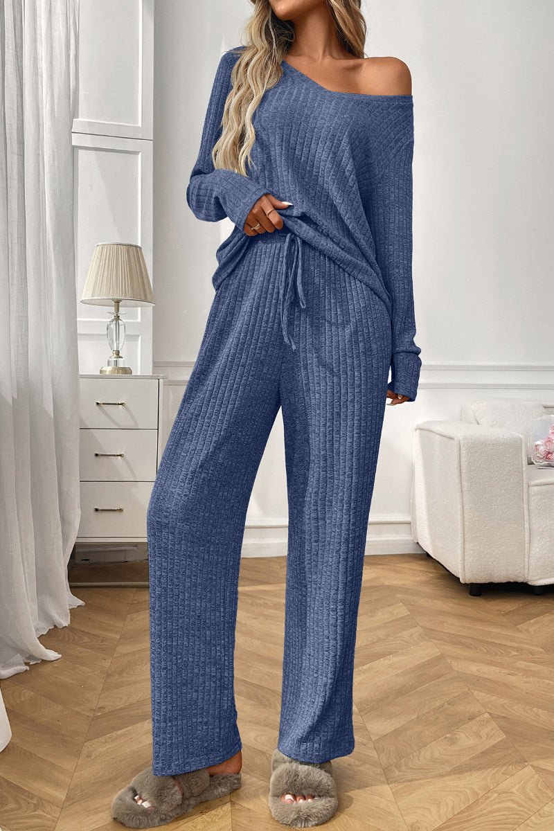 Ribbed Knit Lounge Set with V Neck and Wide Pants