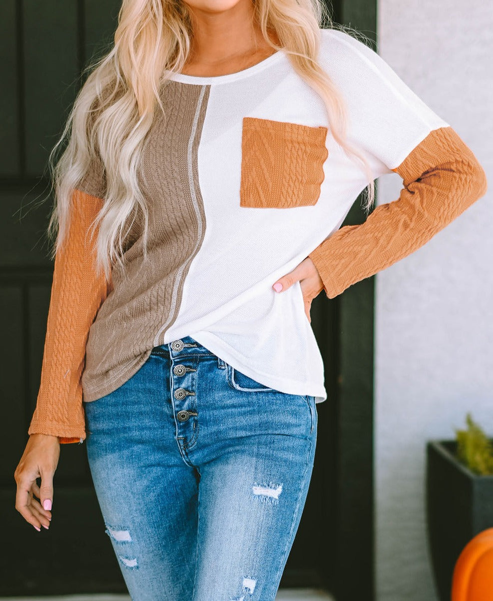 Orange Long Sleeve Colorblock Chest Pocket Textured Knit Top