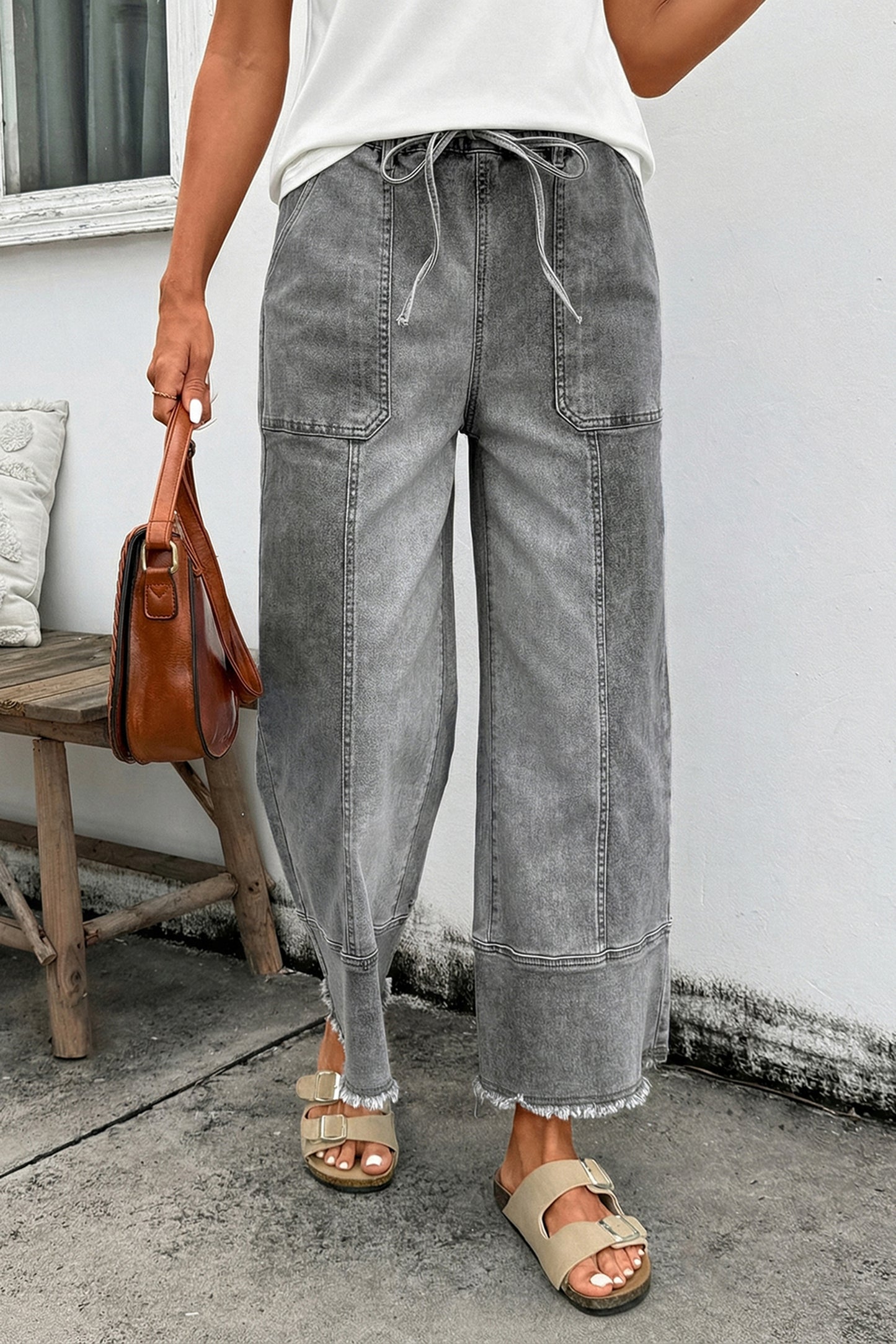 Beau Blue Drawstring Seam Detail Raw Hem Wide Leg Denim Pants