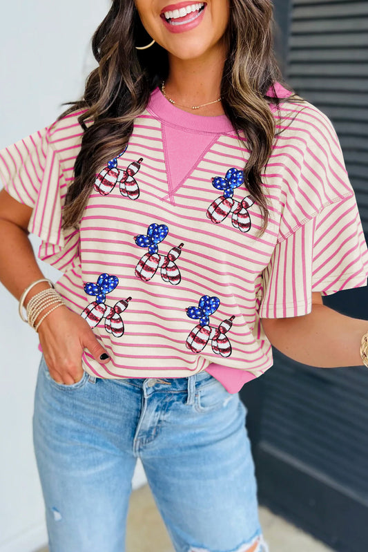 Sachet Pink Striped Sequin USA Flag Inspire Balloon Dog Patched Ruffled Short Sleeve Top