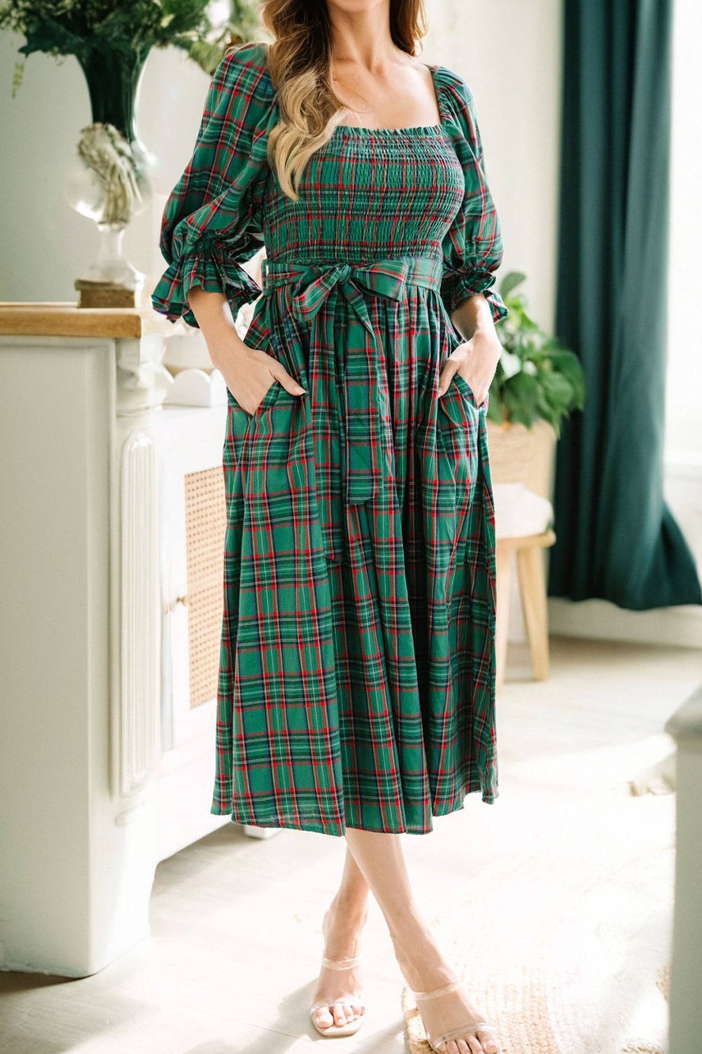 Green Tartan Plaid Square Neck Puff Sleeve Knot Waist Flared Midi Dress