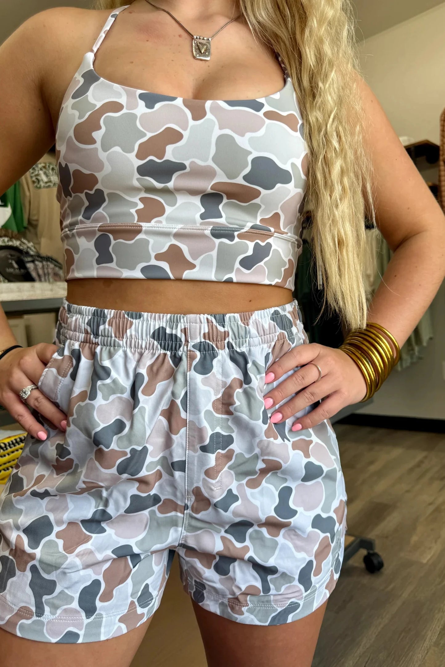 Green Camouflage Printed Cropped Tank Top Elastic Waist Shorts 2pcs Outfit