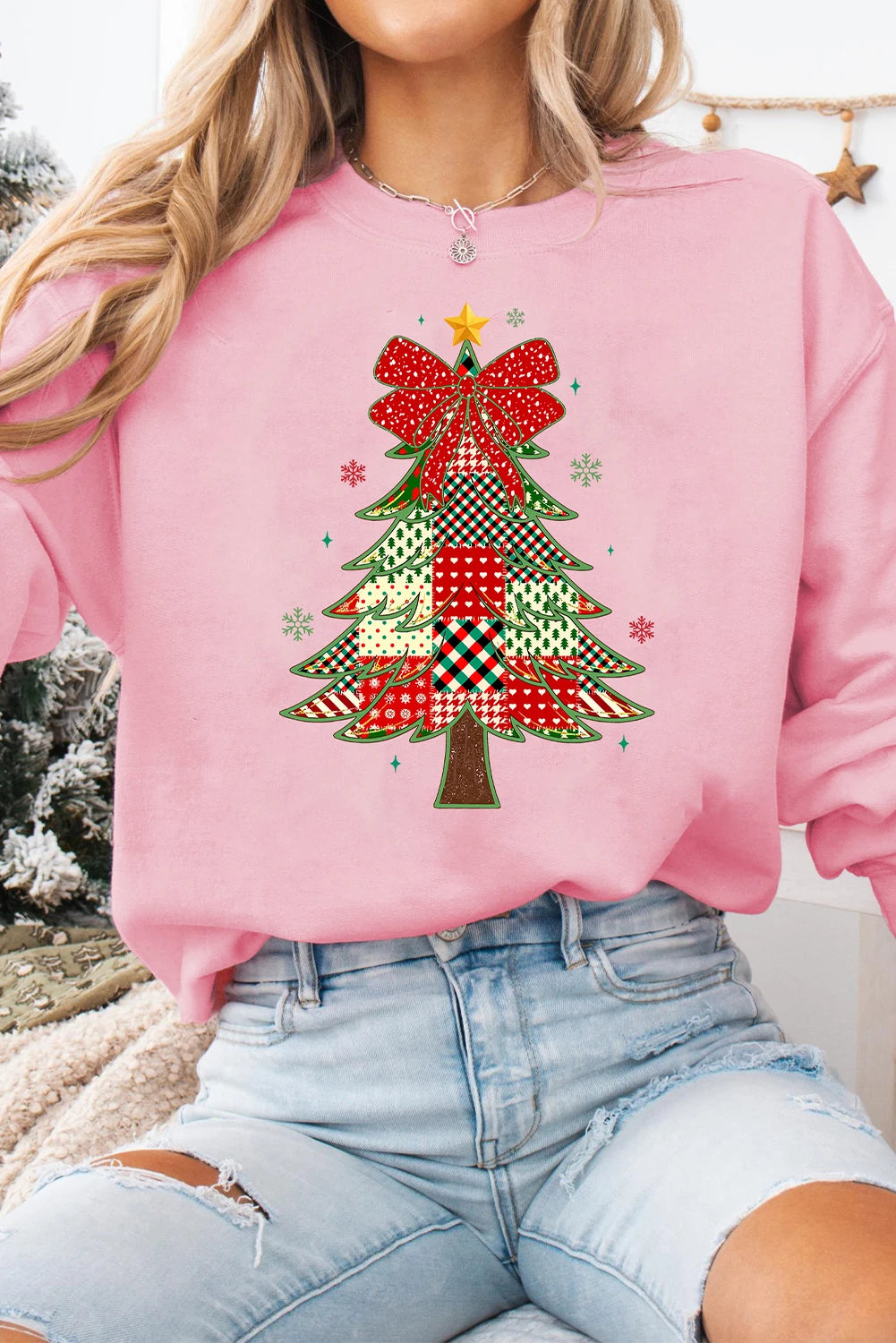 Pink Multi-pattern Checkered Christmas Tree Womens Drop Shoulder Sweatshirt