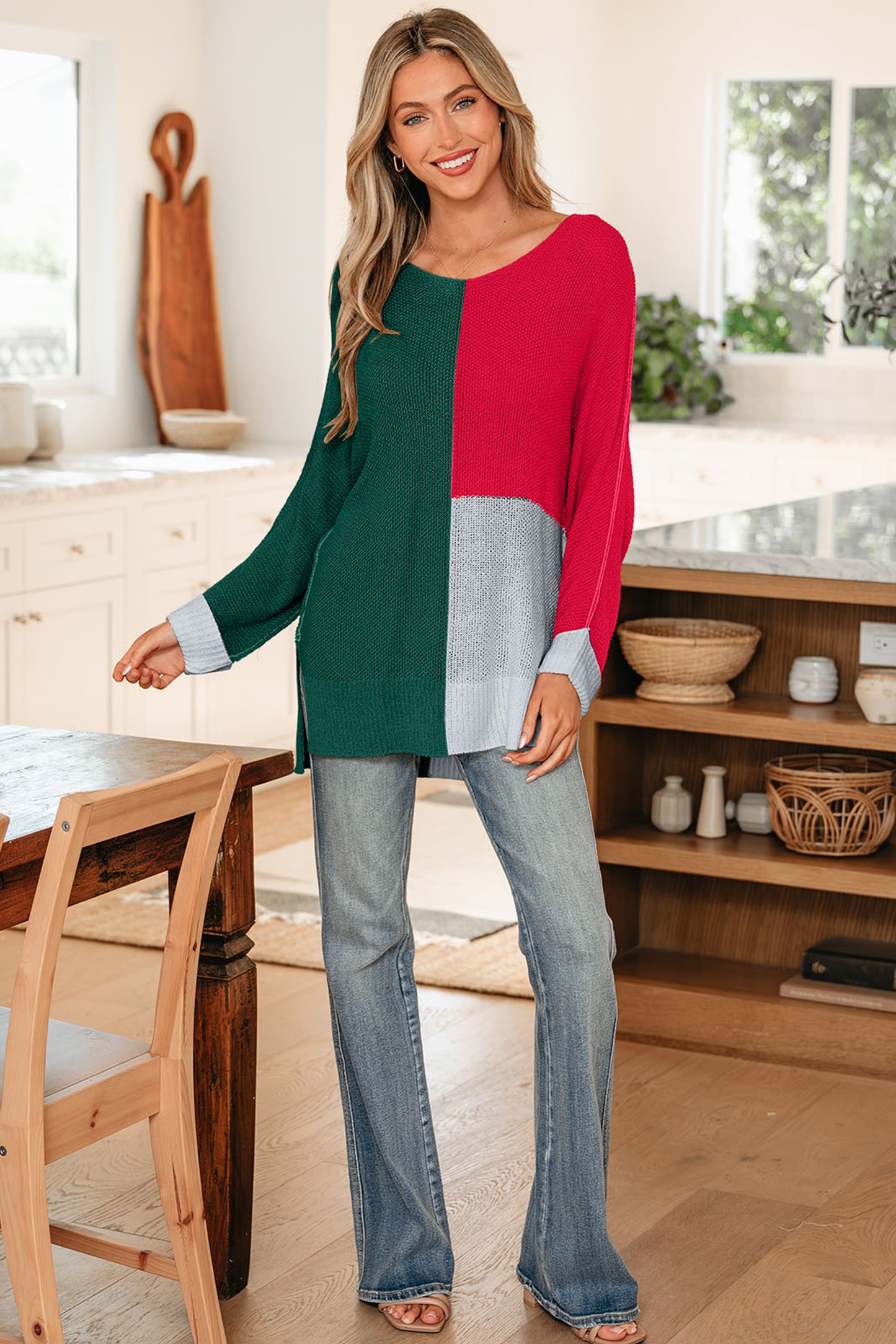Black Color Block Knit V Neck Loose Sweater