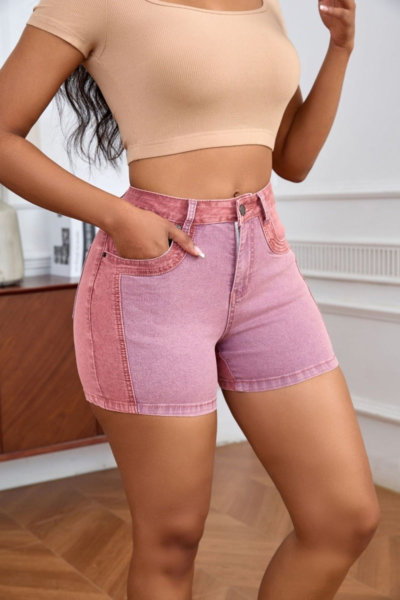 Splicing mid-waist stretch denim shorts women