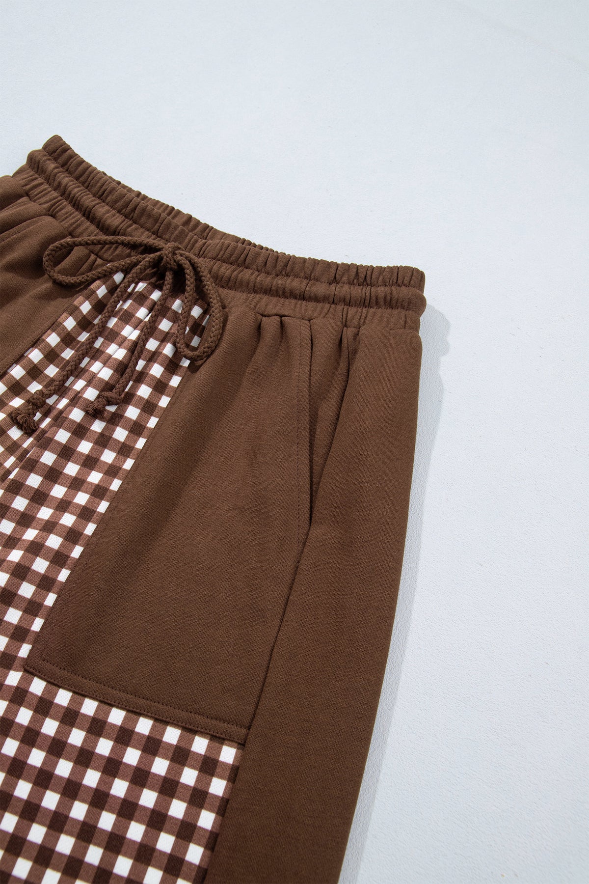 Khaki Color Block Plaid Patchwork Long Sleeve Pullover Wide Leg Pant Set