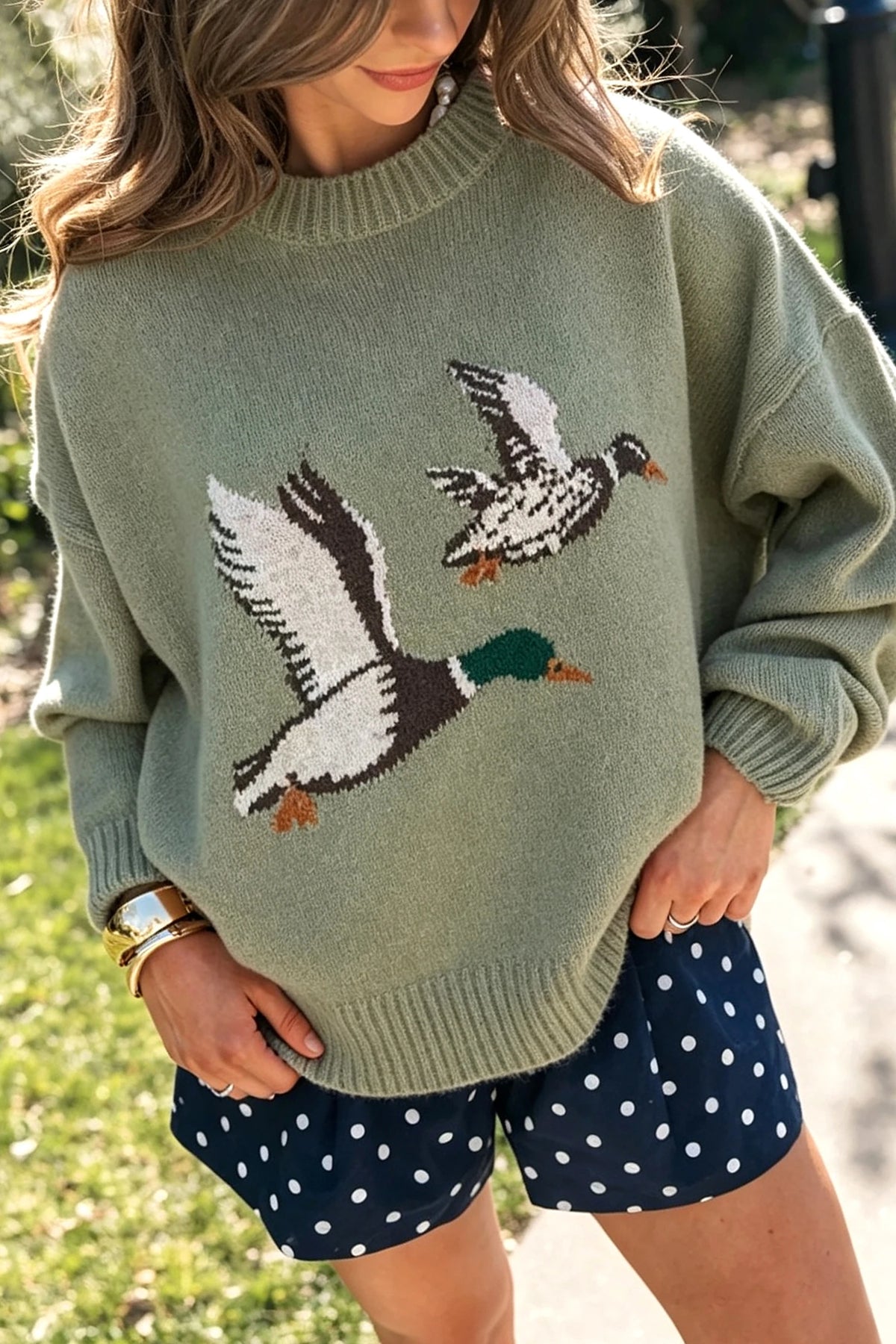 Laurel Green Flying Mallard Pattern Round Neck Drop Shoulder Knit Sweater