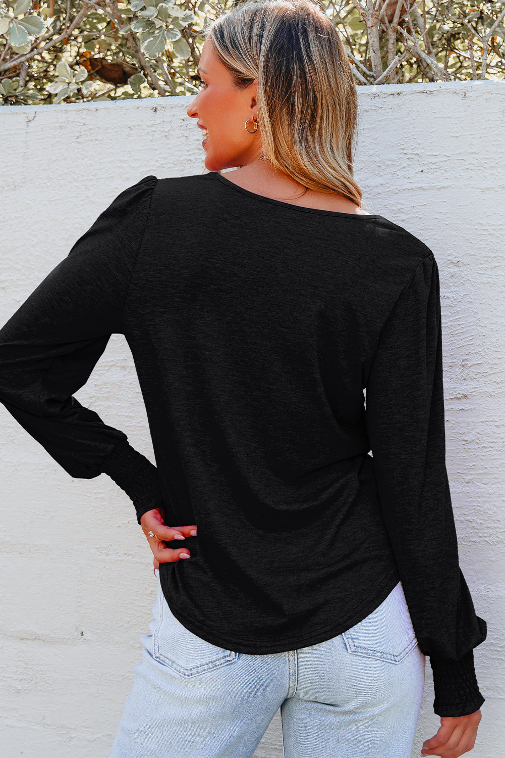 Beige Shirred Shoulder Frilled Cuffs Long Sleeve Top