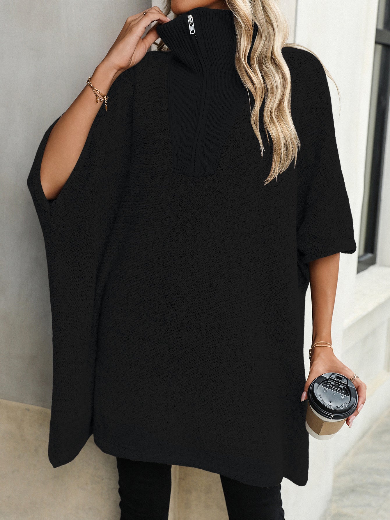 Medium and Long Knitted Sweater Long-sleeved Zipper Lapel Sweater
