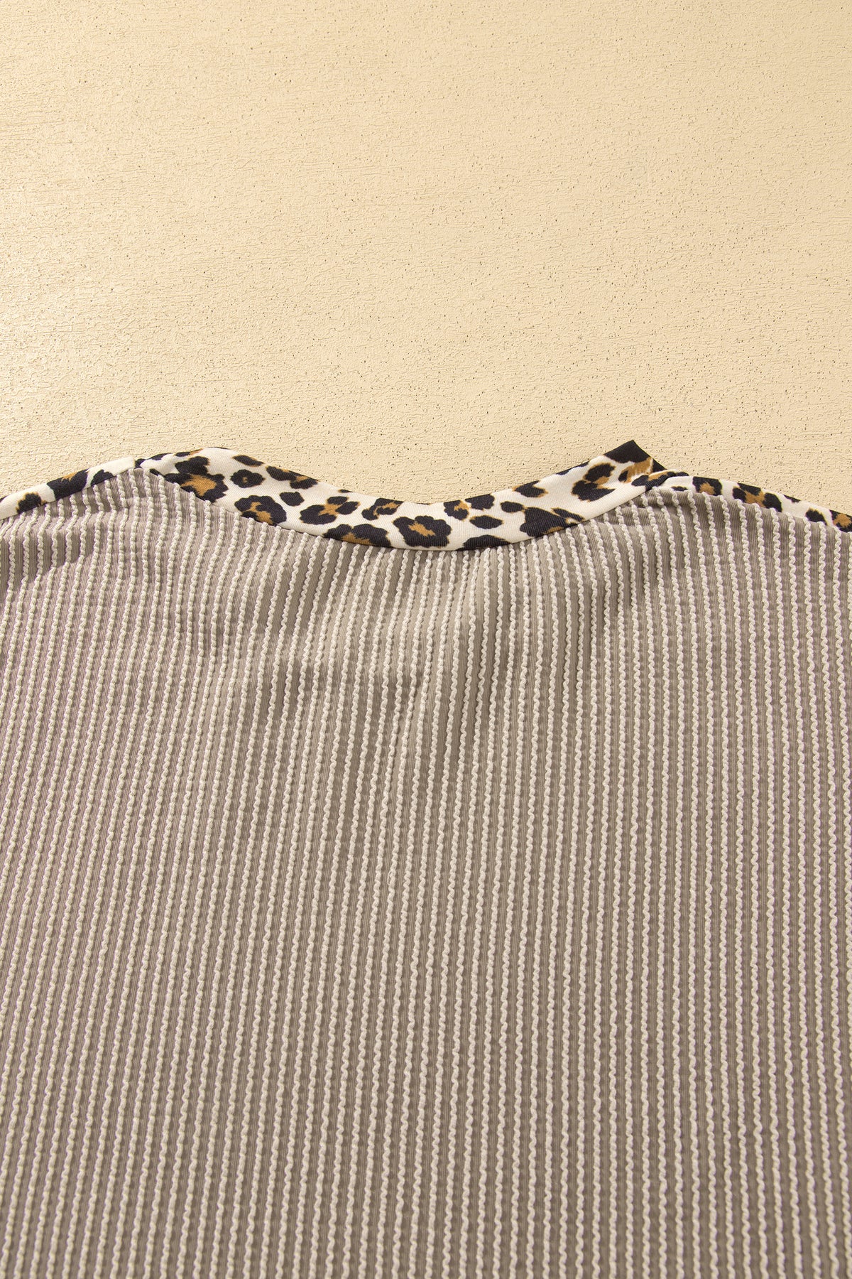 Simply Taupe Cozy Ribbed Patchwork Leopard Trim Long Sleeve 2pcs Pant Set