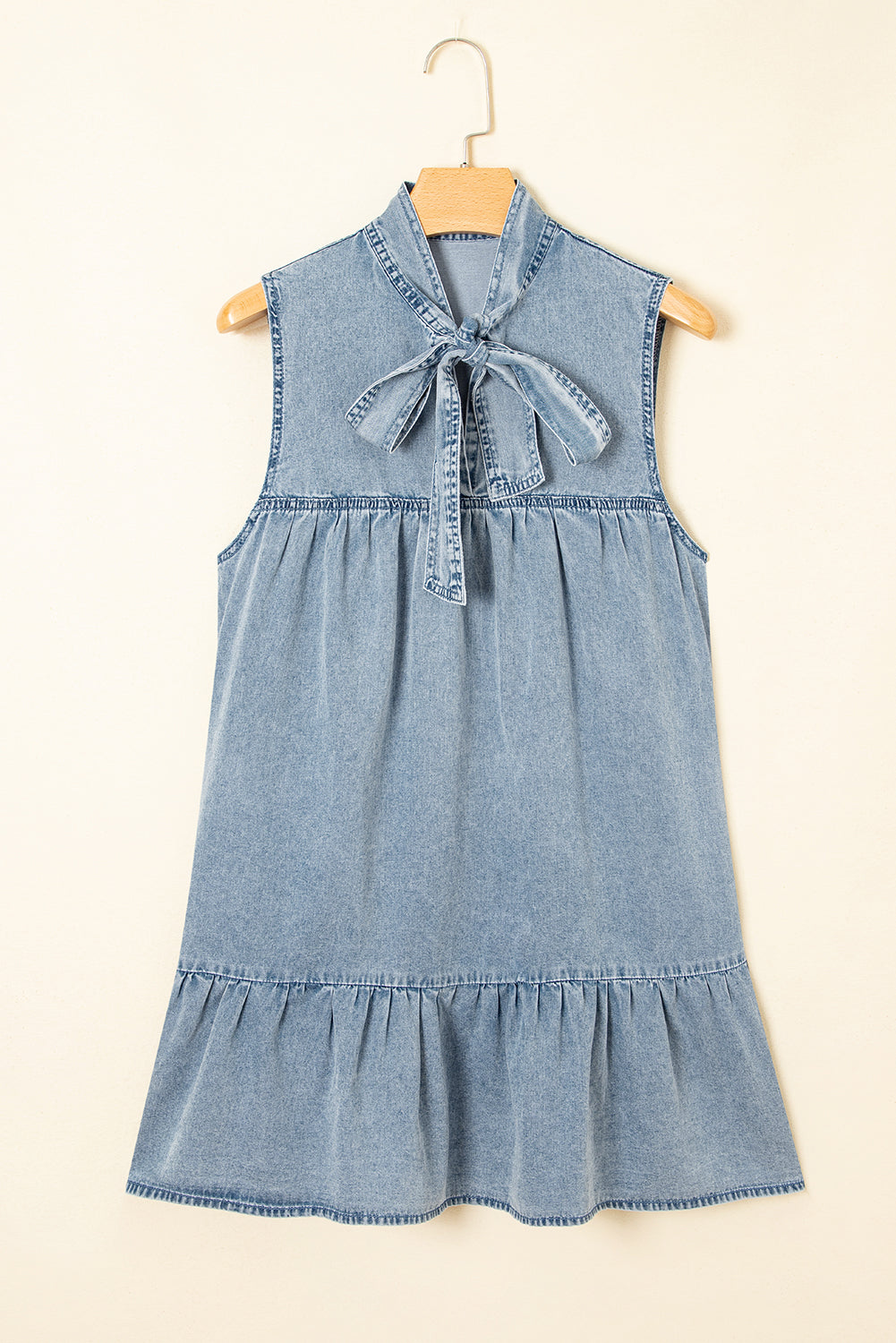 Beau Blue Bowknot Neck Sleeveless Ruffled Chambray Dress