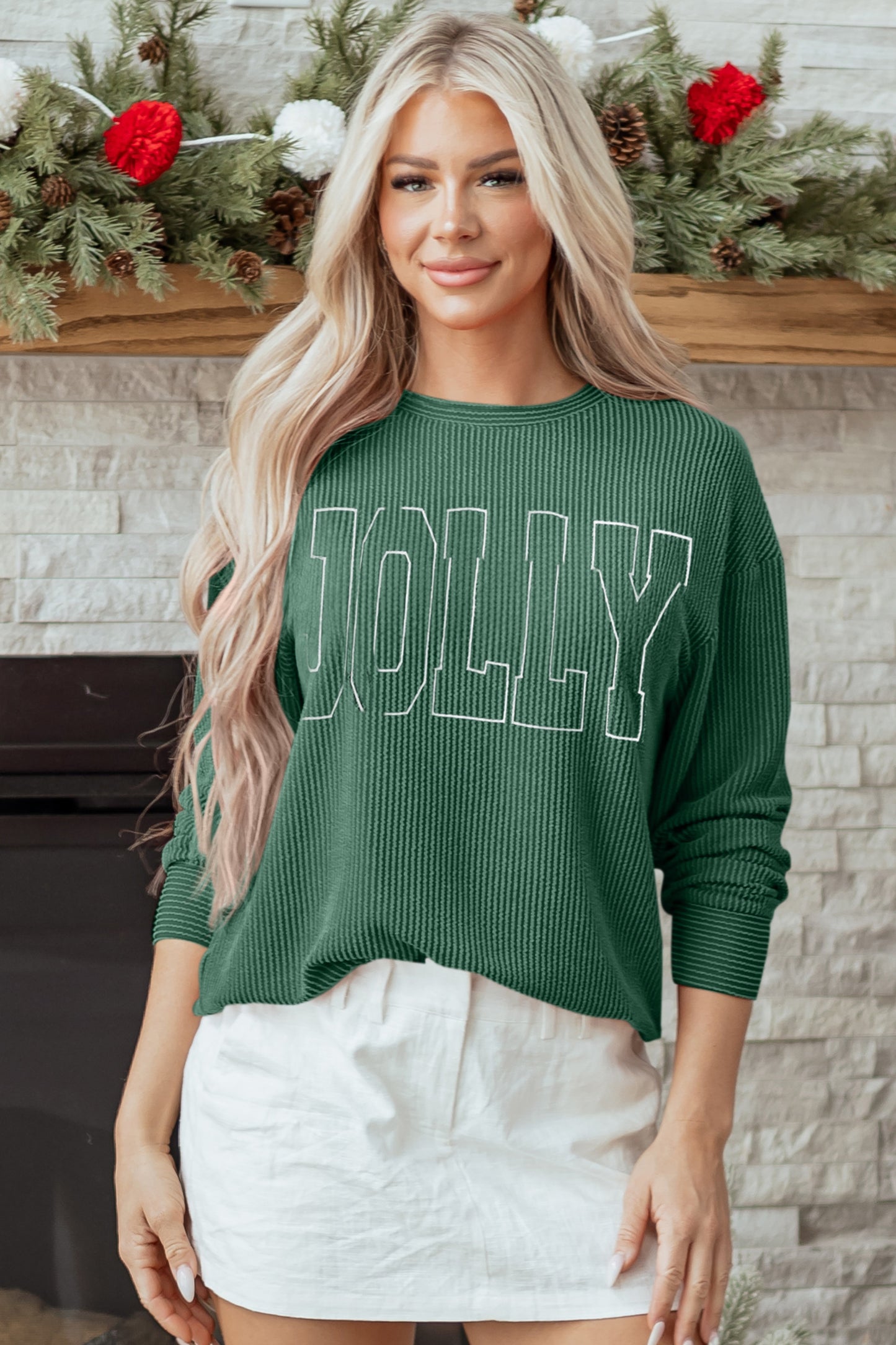 Evergreen Twisted Rib Outlined Merry Letter Graphic Loose Long Sleeve Top