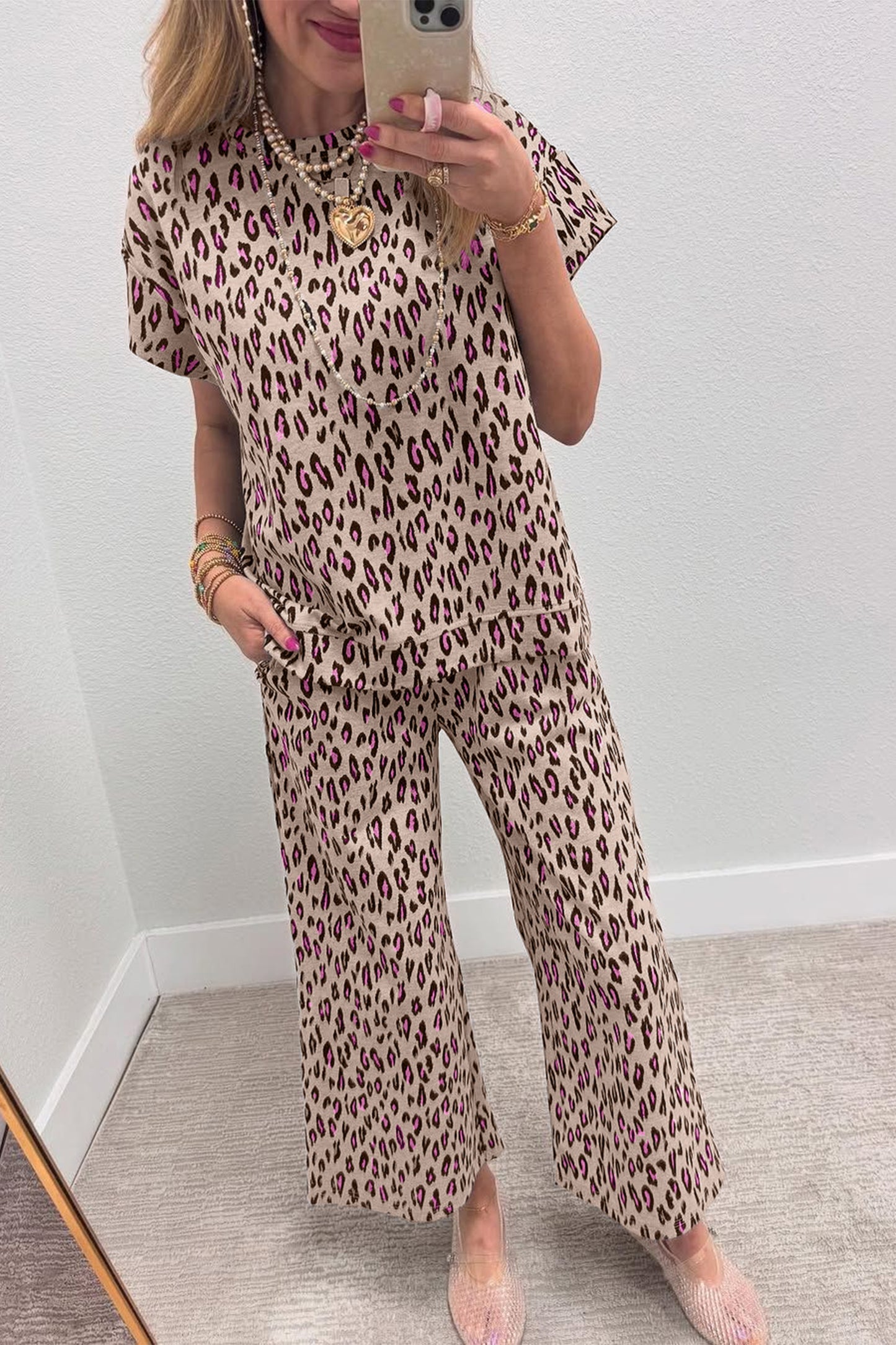 Beige Leopard Print Casual Tee and Pants 2pcs Outfit