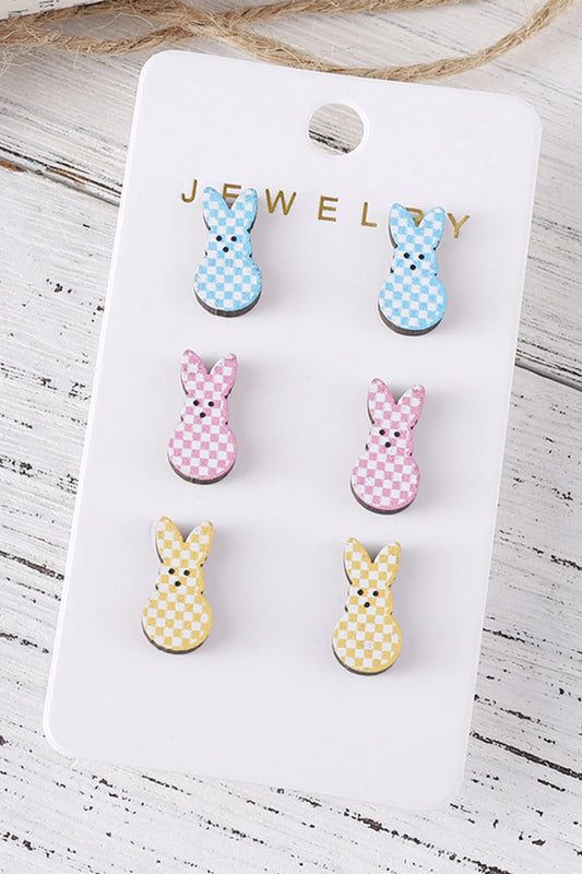 Pink 3 Pairs Different Color Plaid Easter Bunny Earring