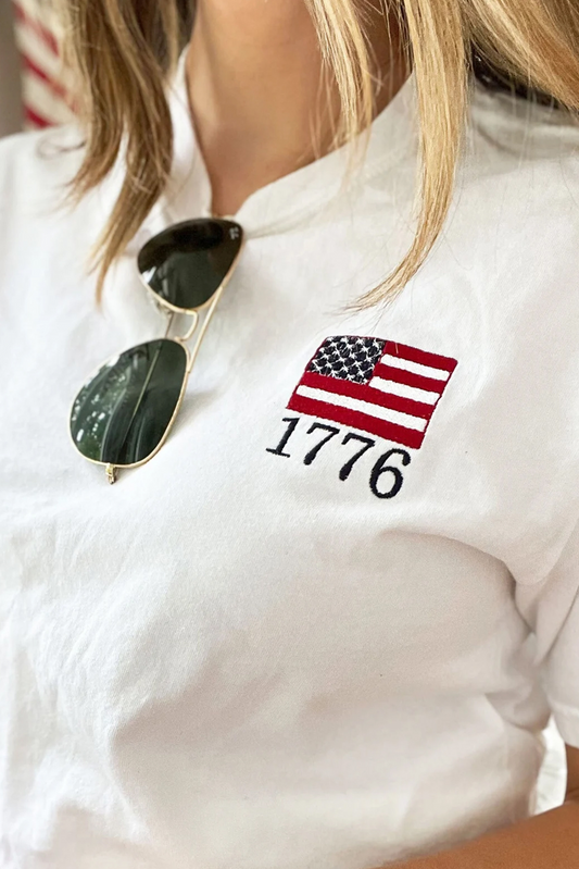 White American Flag 1776 Embroidered Pattern Crew Neck Tee