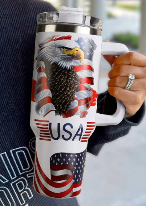White USA Flag Eagle Print Handle Large Tumbler 40OZ