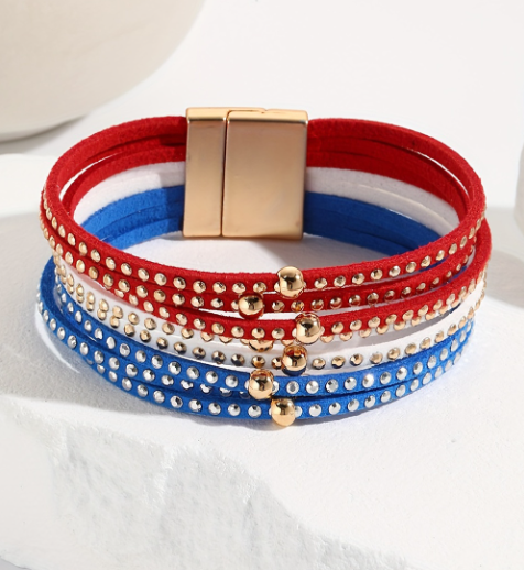 Sky Blue Flag Day Magnetic Buckle Studded Multi Layer Bracelet