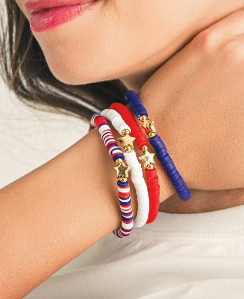 Racing Red American Flag Theme Star Beaded Layered Bracelet