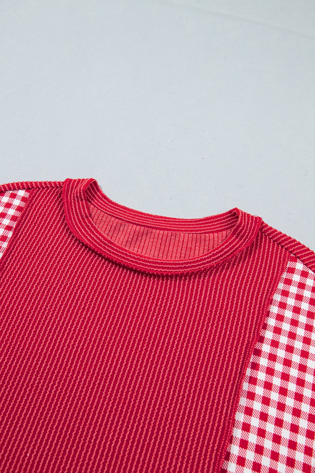 Fiery Red Patchwork Plaid Colorblock Twist Rib Round Neck Long Sleeve Top