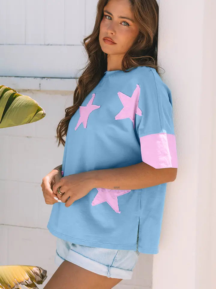 Smoke Green Frayed Denim Star Patched Oversize T Shirt