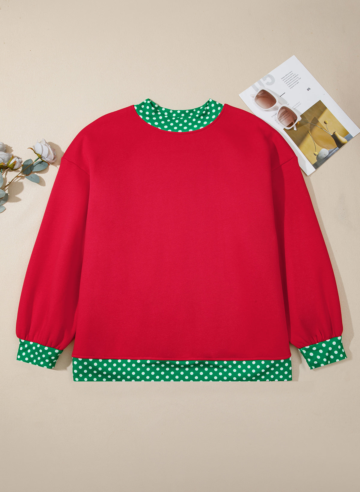 Red Polka Dot Patchwork Round Neck Plus Size Sweatshirt