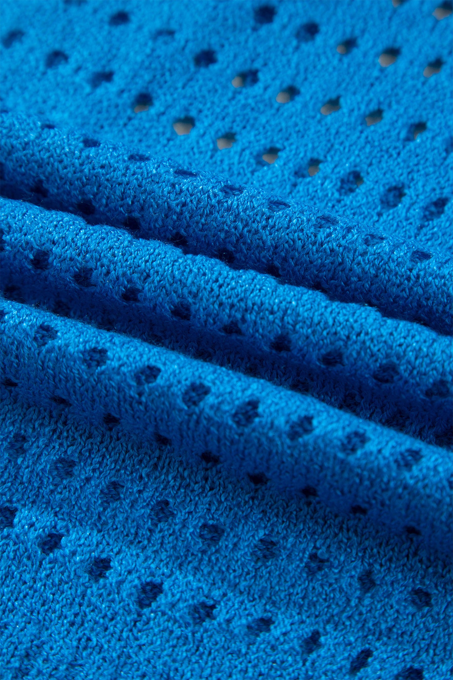 Sky Blue Solid Color Hollowed Knit Short Sleeve Zipper Collar Knitwear Top