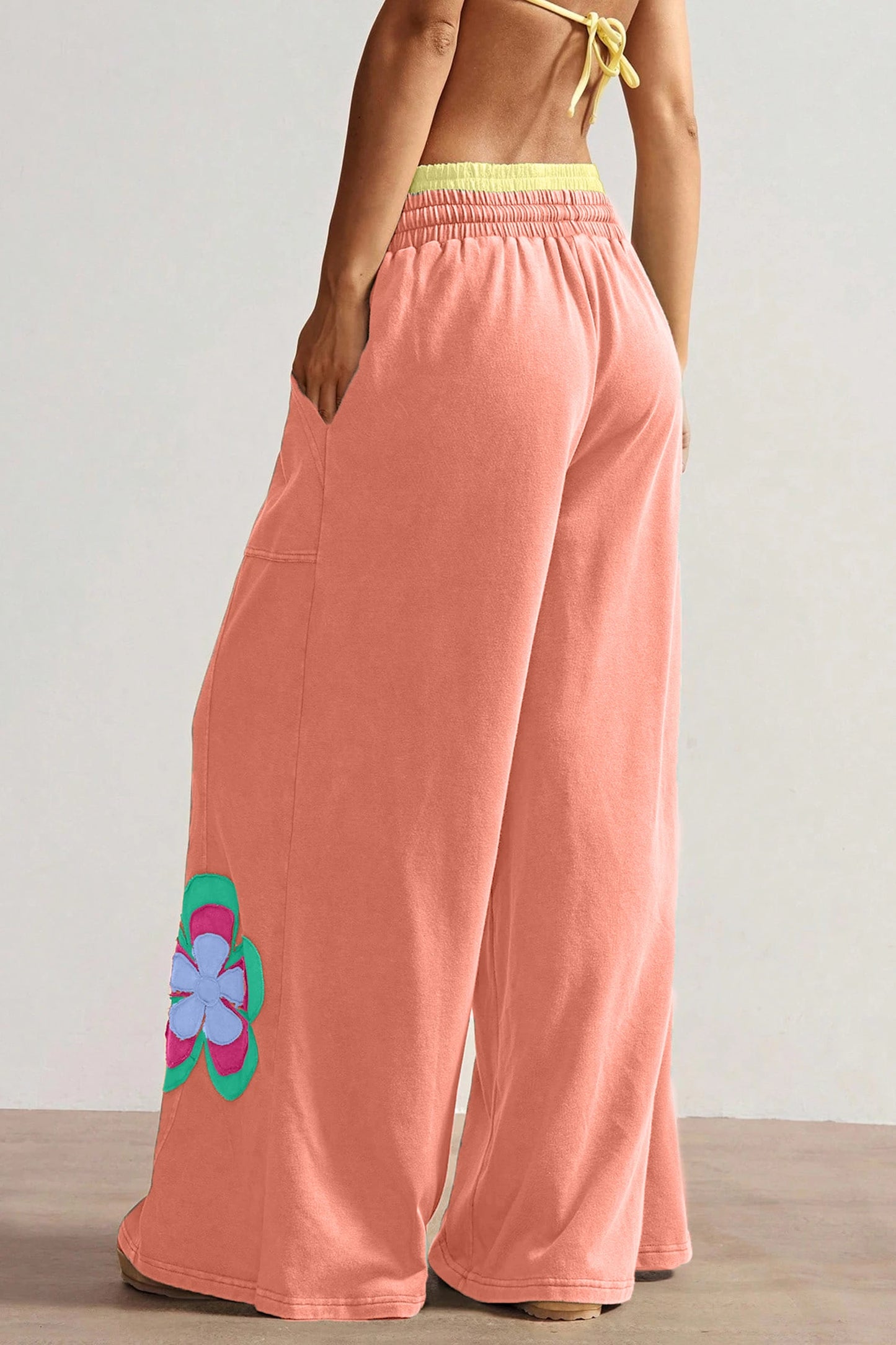Sky Blue Color Block Flower Patchwork Drawstring Contrasted Elastic Waist Wide Leg Pants
