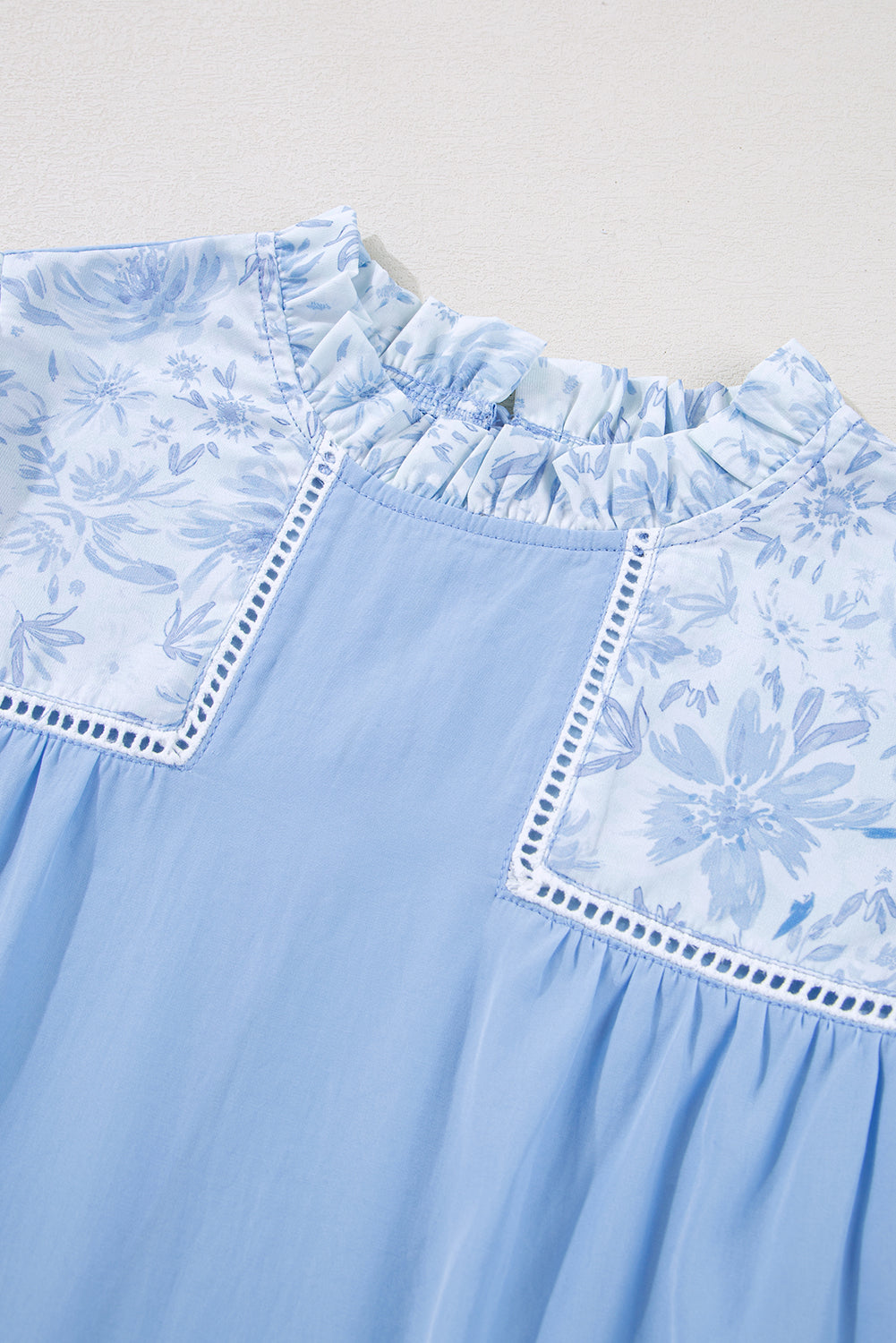 Beau Blue Lace Insert Floral Puff Sleeve Patchwork Loose Blouse