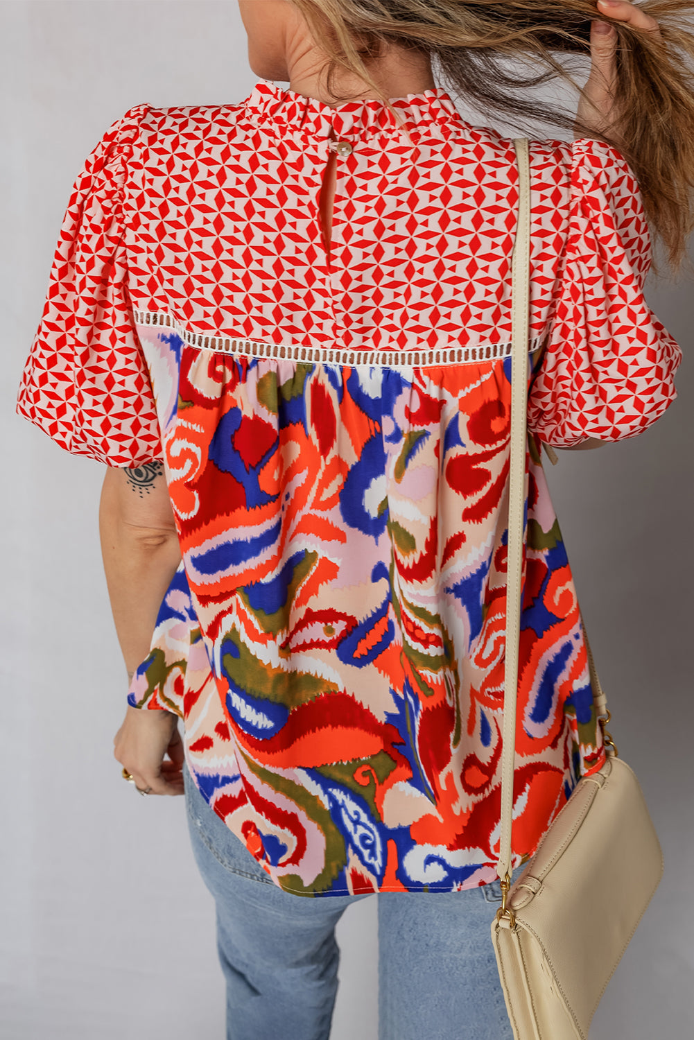 Patchwork Abstract Blouse Boho Puff Sleeve Top