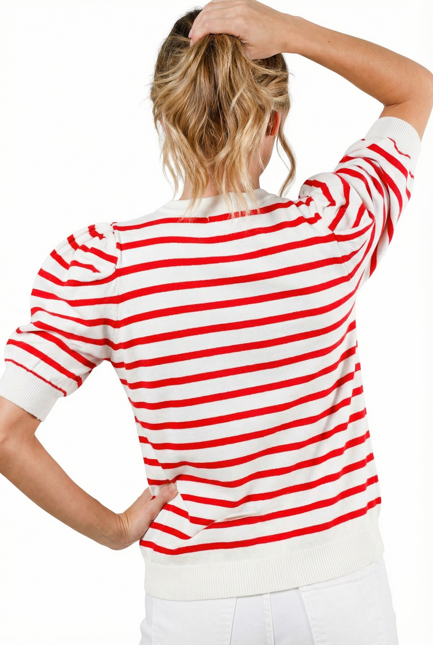 Striped Puff Sleeve Crew Neck Knit Sweater Top