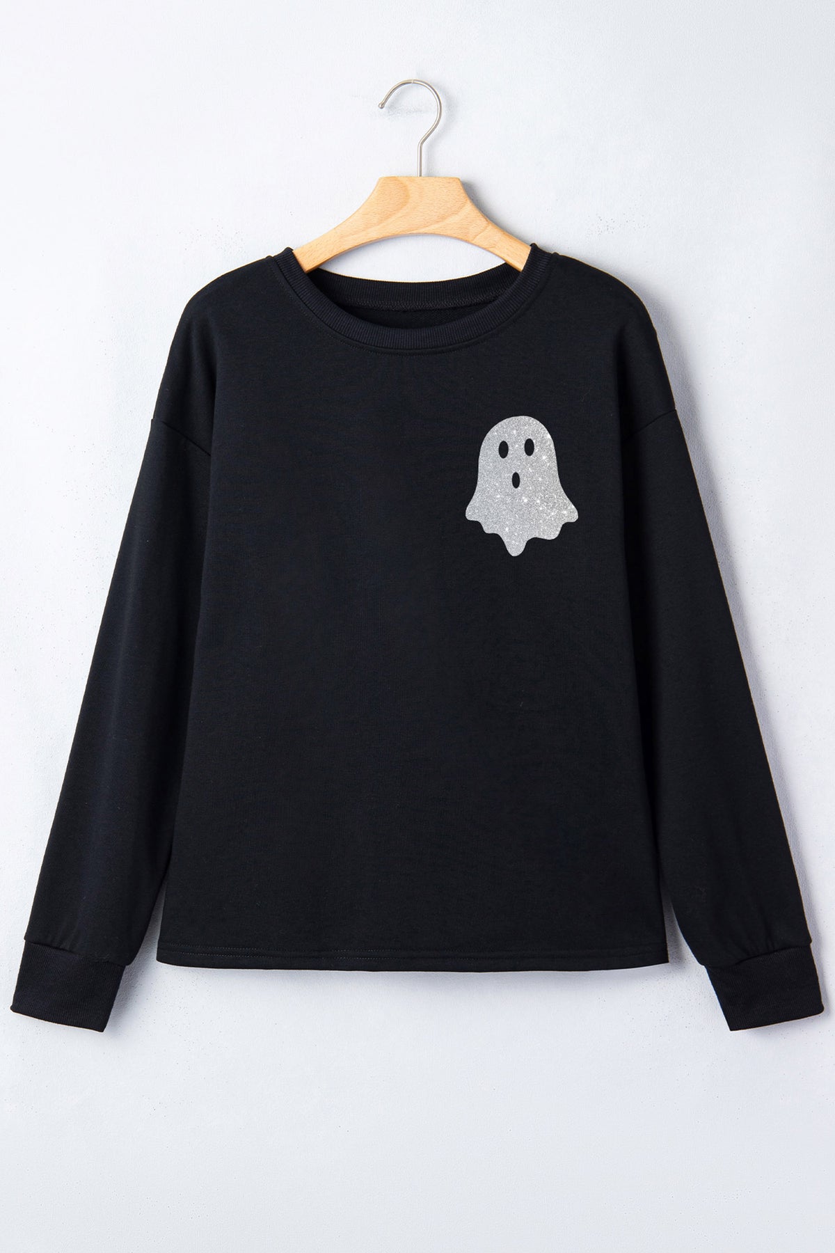 Black Round Neck Ghost Print Regular Fit Graphic Long Sleeve T-Shirt