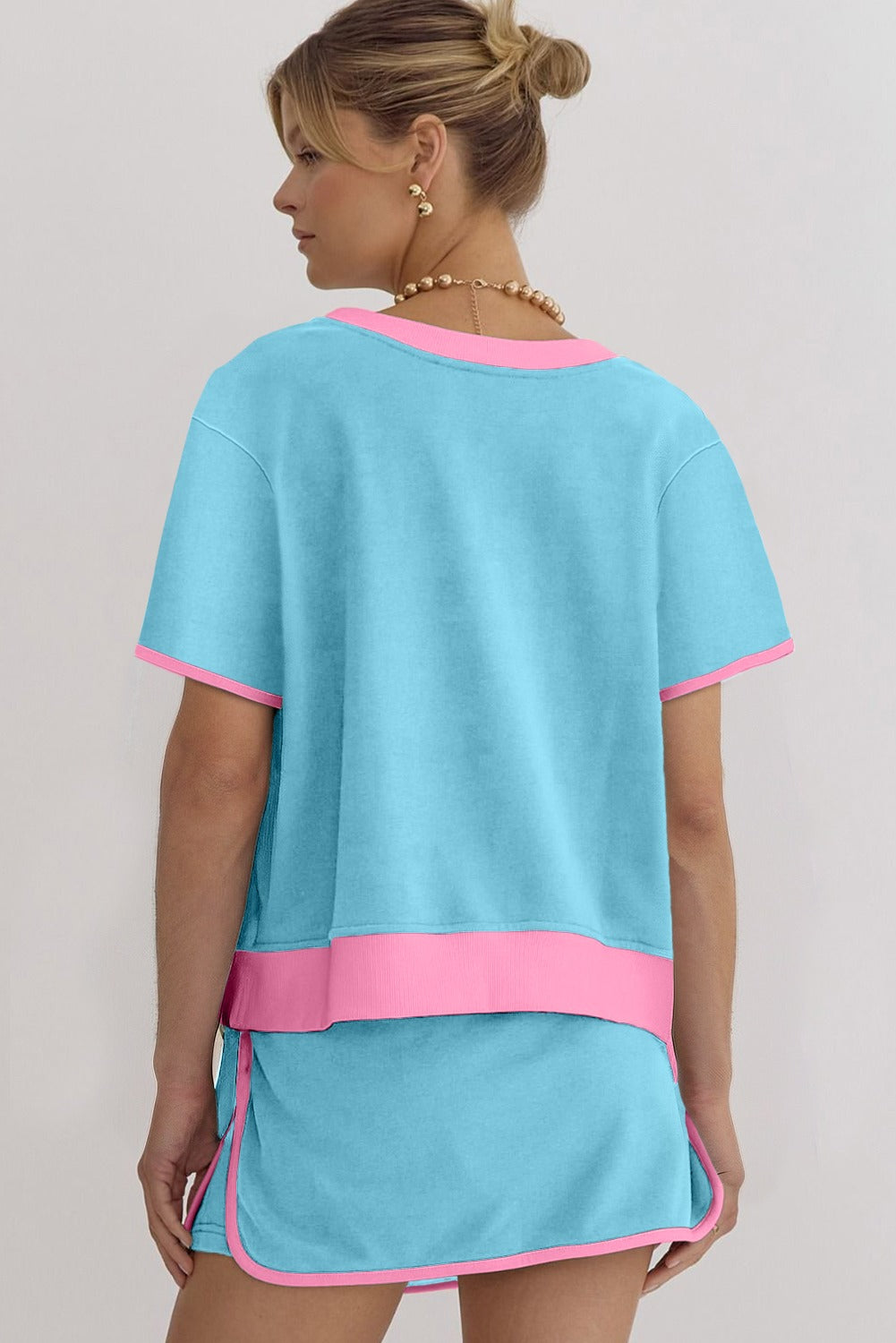 Turquoise Sequined American Bowknot Contrast Trim Casual Skirt Set