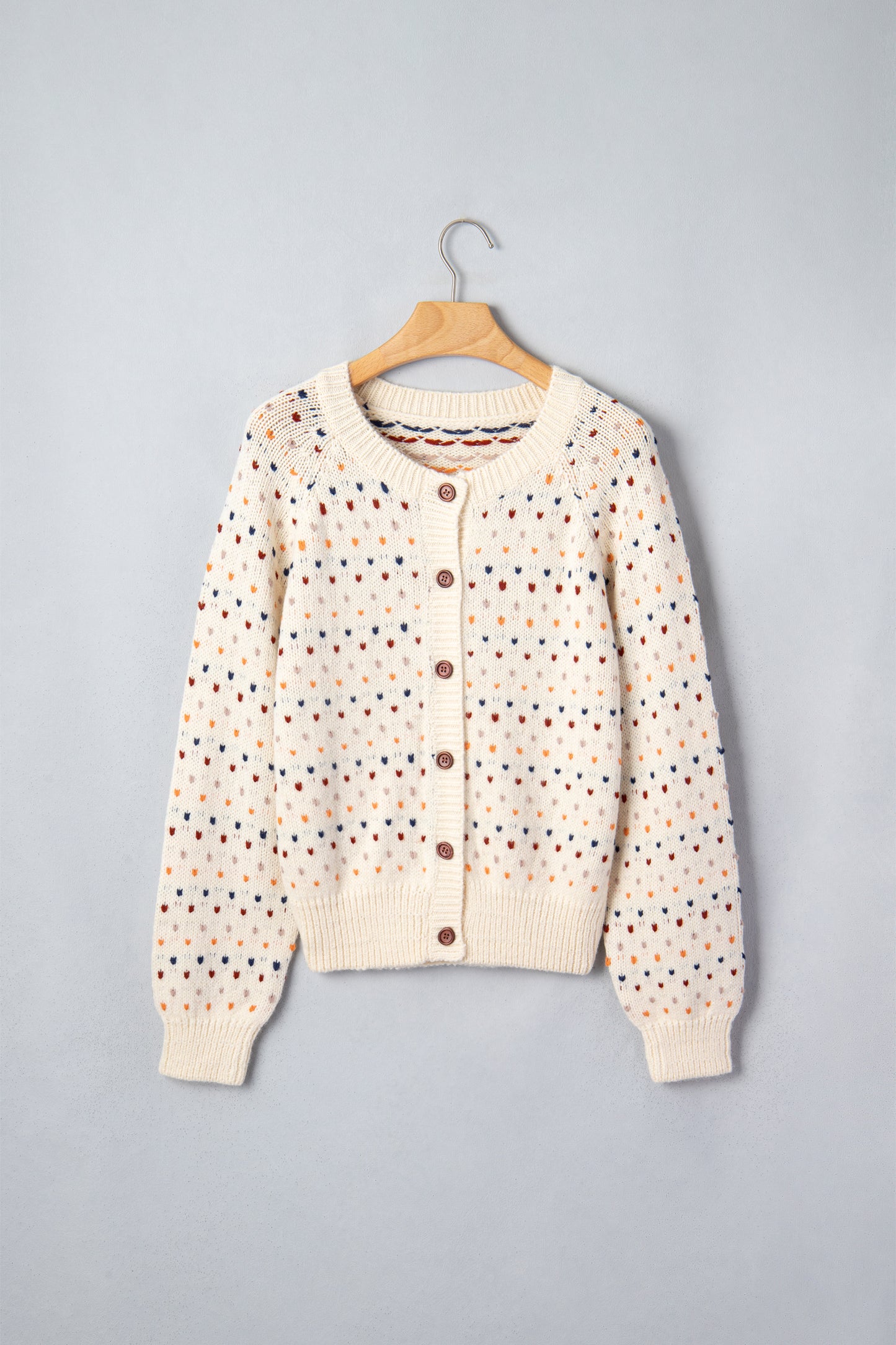 Beige Geometric Print Button Front Long Sleeve Regular Fit Cardigan
