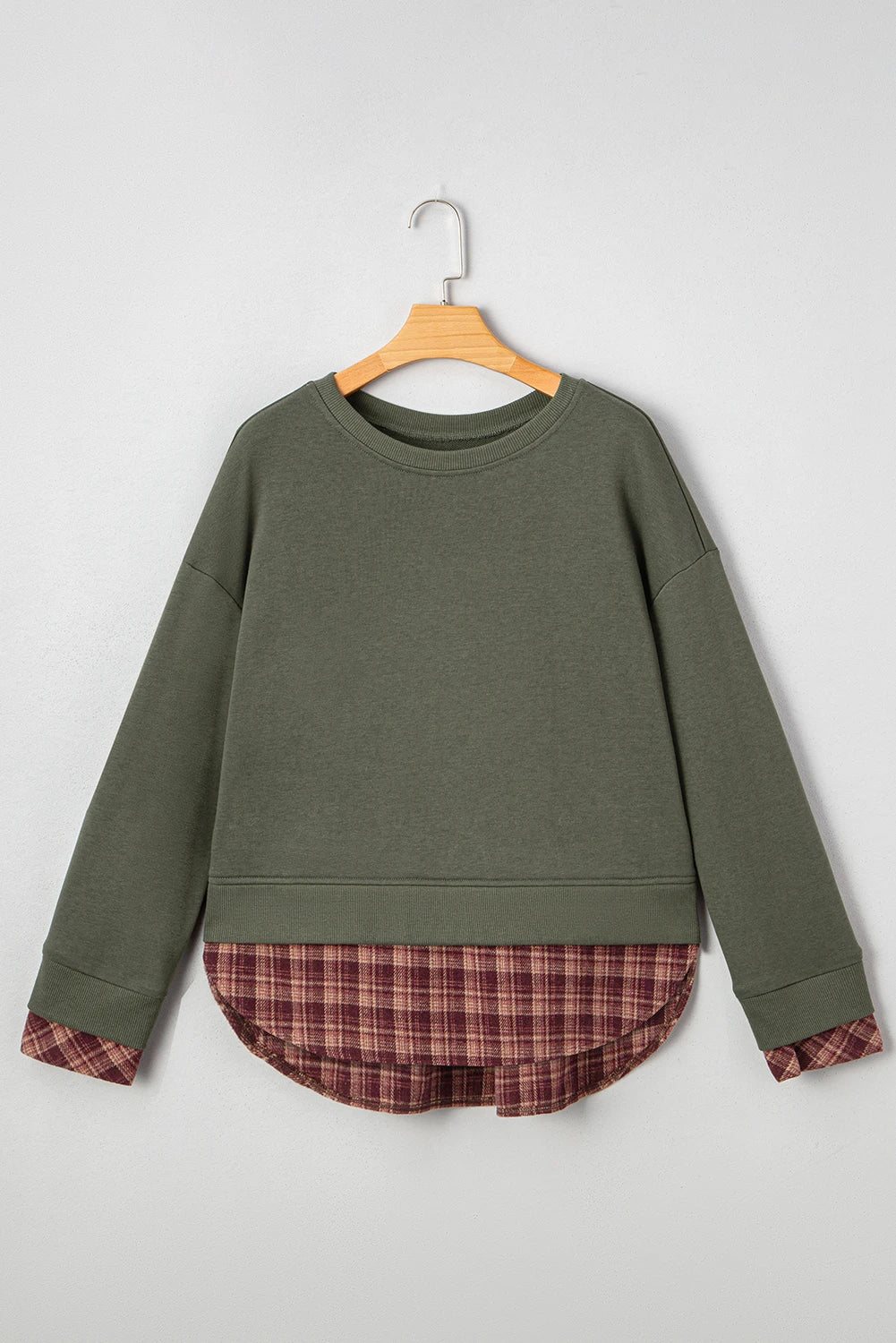Moss Green Vintage Plaid Patchwork Drop Shoulder Sweatshirt