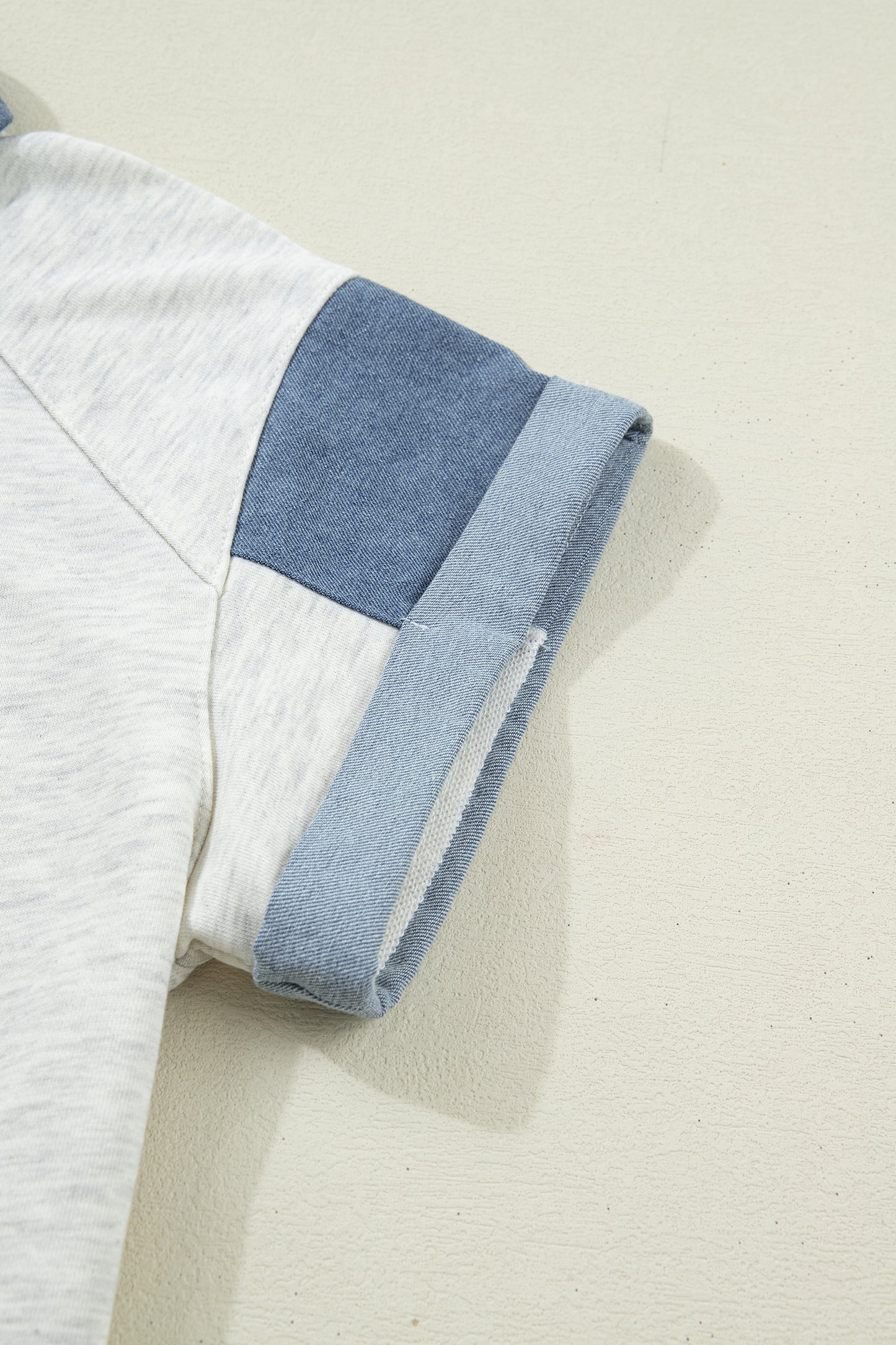 Light Grey Denim Color Block Patchwork Shirt Collar Short Sleeve Blouse