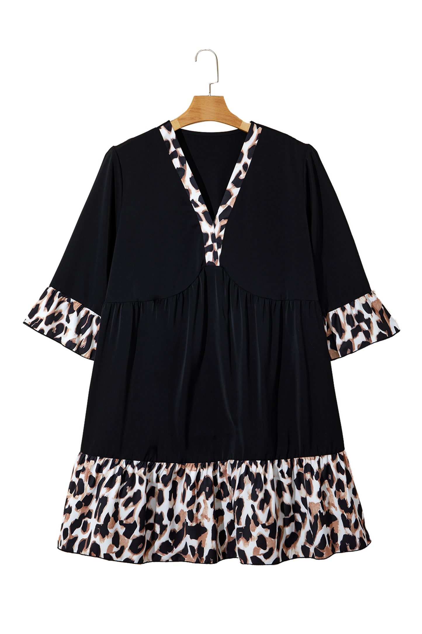 Black Plus Size Leopard Patchwork V Neck 3/4 Sleeve Ruffle Hem Mini Dress