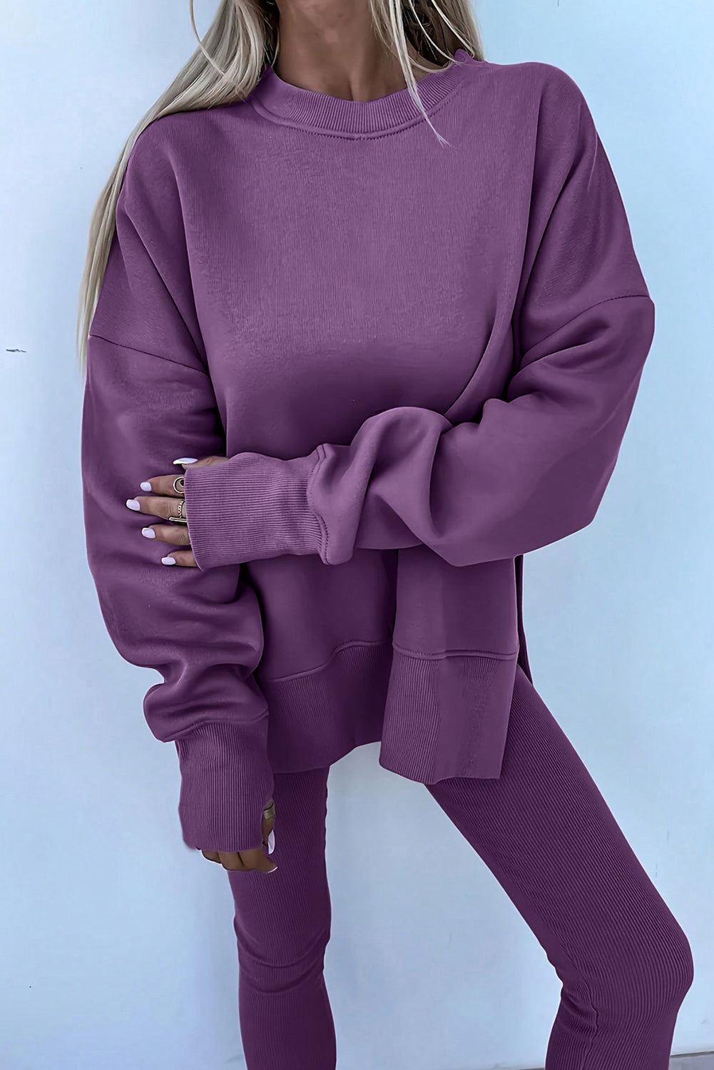 Jet Stream Solid Color Oversize Slit Sweatshirt Ribbed Leggings 2pcs Set