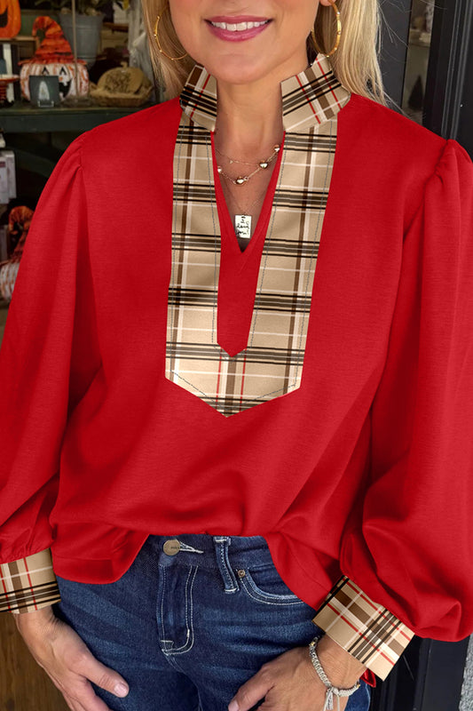 Racing Red Contrast Plaid Patchwork V Neck Long Sleeve Blouse