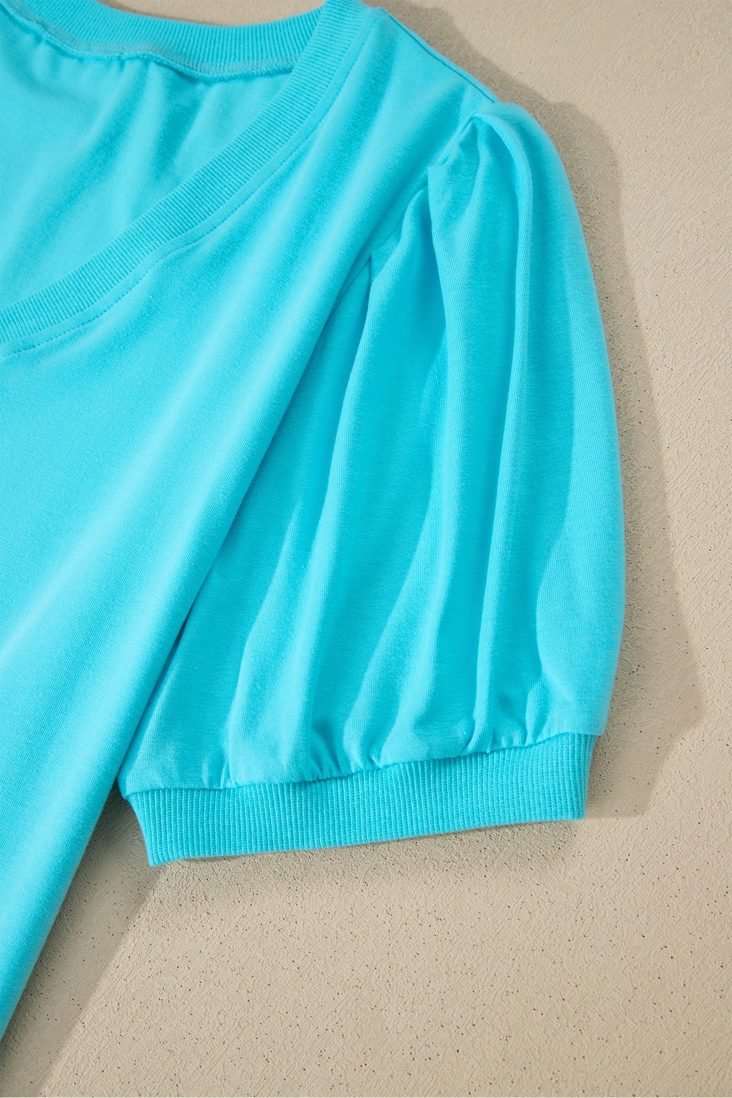 Bonbon Solid Color V Neck Short Puff Sleeve Blouse