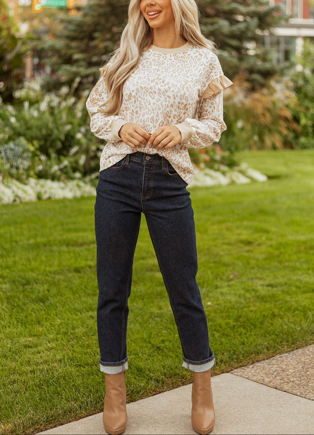 Khaki Leopard Ruffle Detail Ribbed Trim Round Neck Sweatshirt
