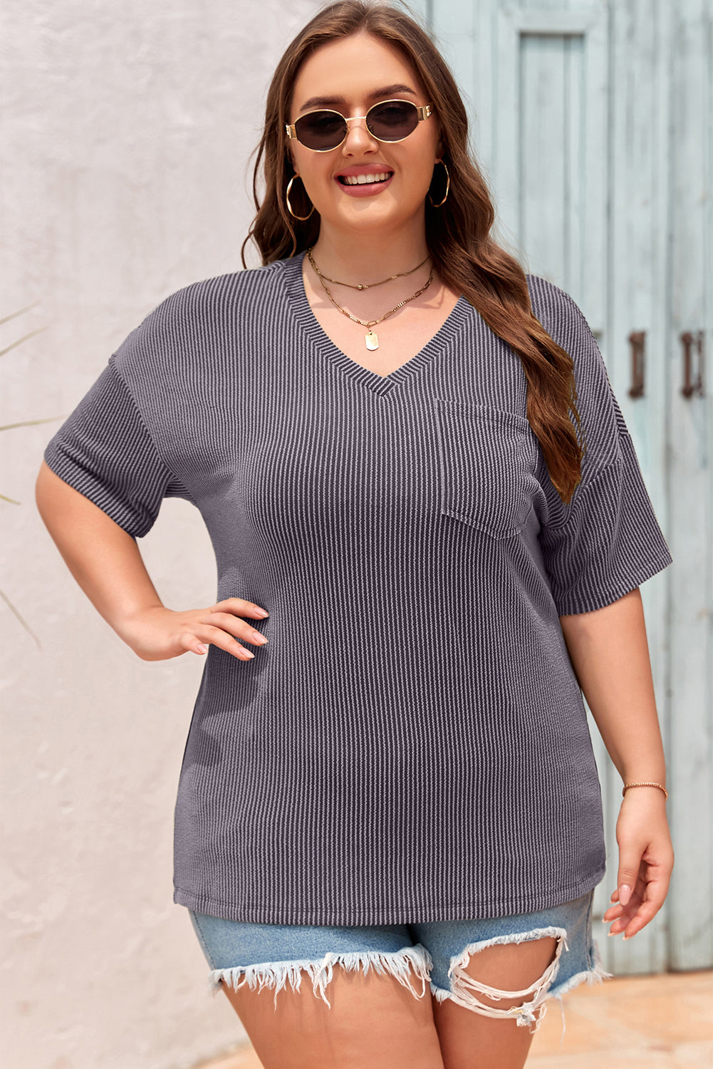 Textured Ribbed Plus Size Tunic Tee Casual Oversized Top