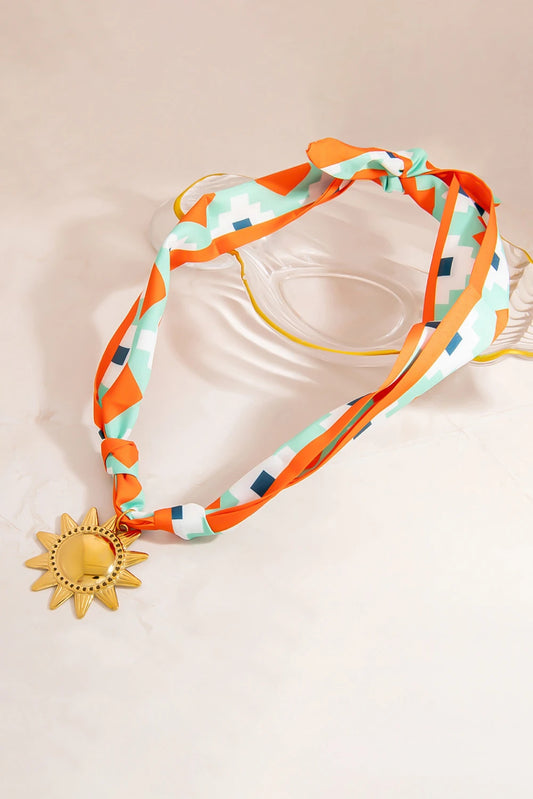 Vitality Orange Geometric Heart Print Scarf Golden Sun Pendant Boho Necklace