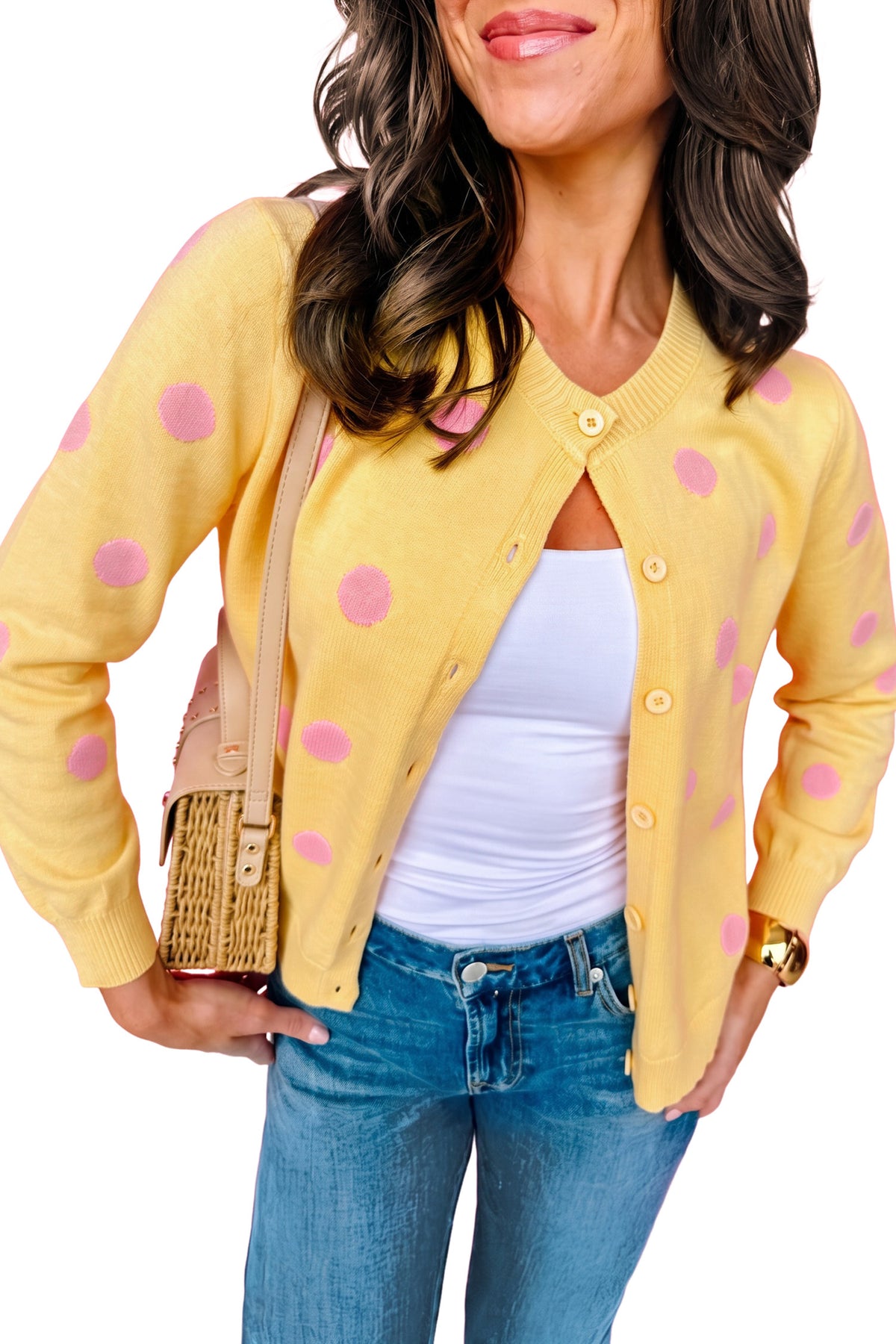 Bluing Casual Polka Dot Button Front Long Sleeve Sweater Cardigan