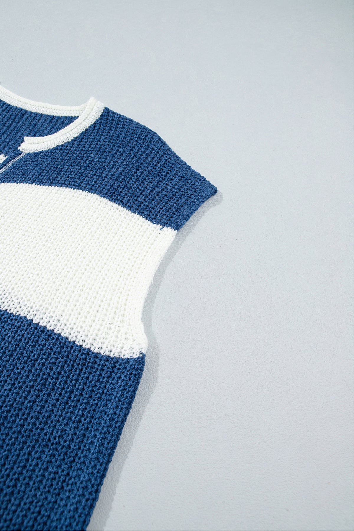 Blue Stripe Striped Colorblock Knit V Neck Short Sleeve Loose Sweater