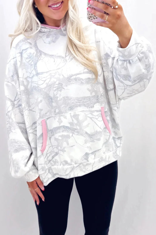 Gray Abstract Print Colorblock Long Sleeve Hoodie
