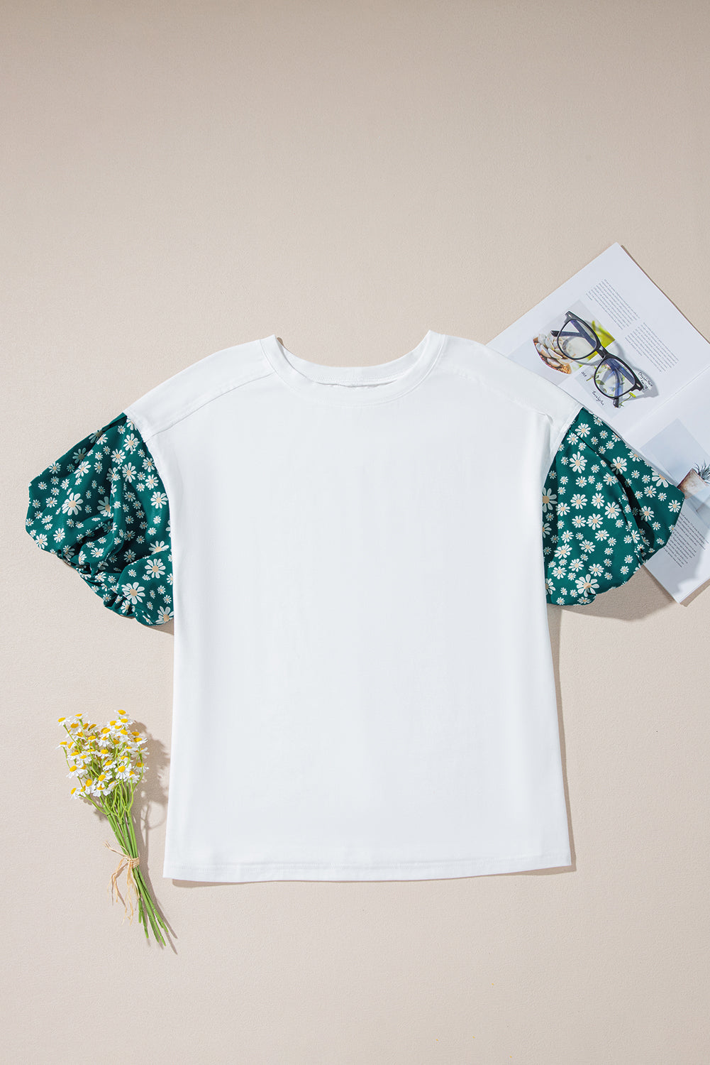 White Contrast Floral Puff Sleeve Oversized Top