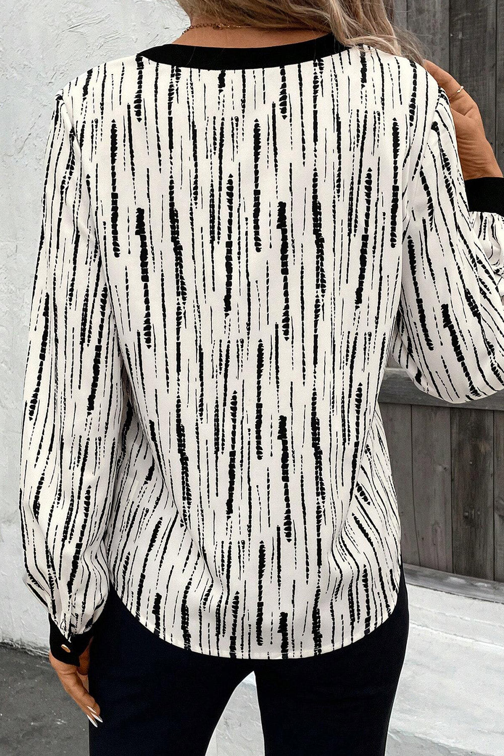 Black Abstract Printed V Neck Fall Blouse