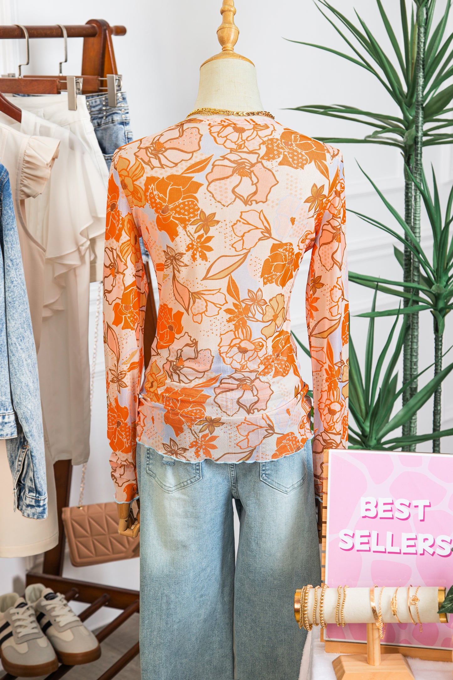 Multicolour Floral Print Lettuce Trim Slim Long Sleeve Top