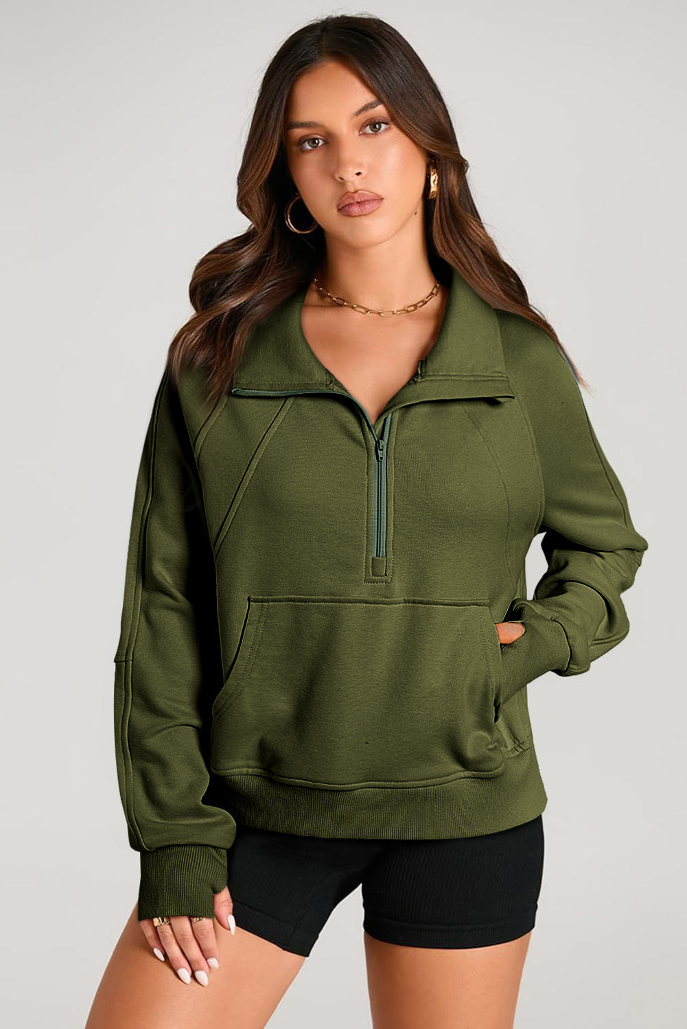 Solid Color Quarter Zip Stand Neck Kangaroo Pocket Sweatshirt