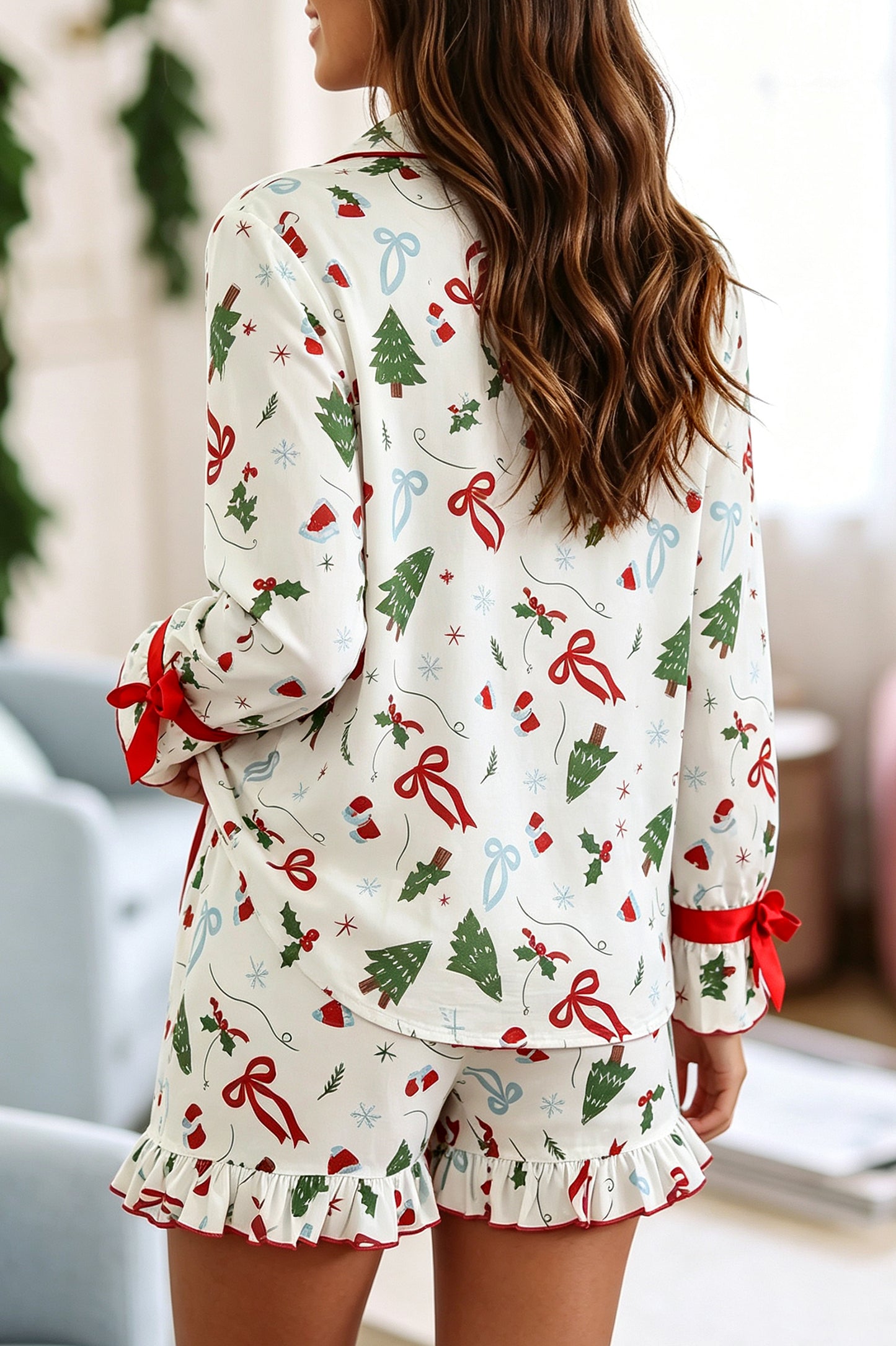 White Christmas Print Ruffle Cuff Long Sleeve Lounge Set